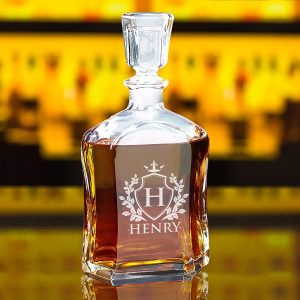 Custom Engraved Liquor Decanter, Glass Whiskey, Personalized with Shield Design