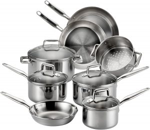 Tri-ply Tefal stainless steel cookware set for gas, electric, induction and ceramic hob stove tops.